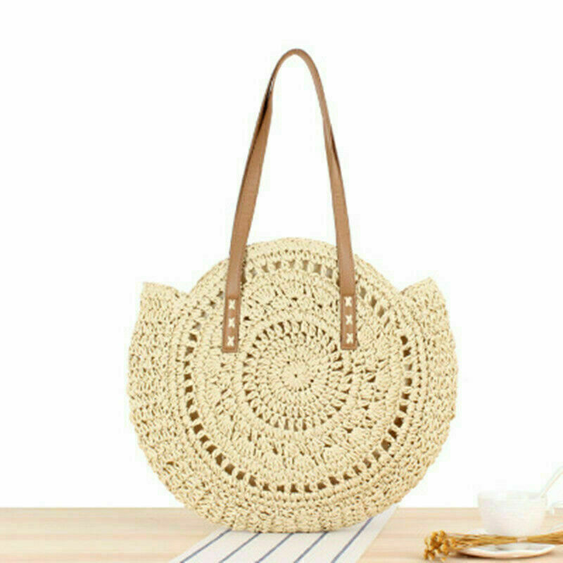 Woven Round Boho Beach/Picnic Tote Bag - Rattan