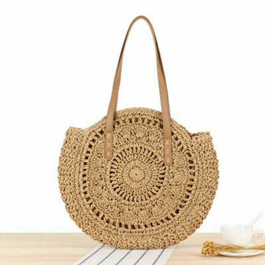 Woven Round Boho Beach/Picnic Tote Bag - Rattan